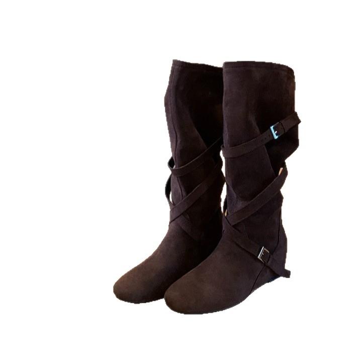 Vintage Crossed Buckle Western Cowboy Boots Women's Autumn New Soft Pleated Pile Pile Martin Boots Medium Boots French