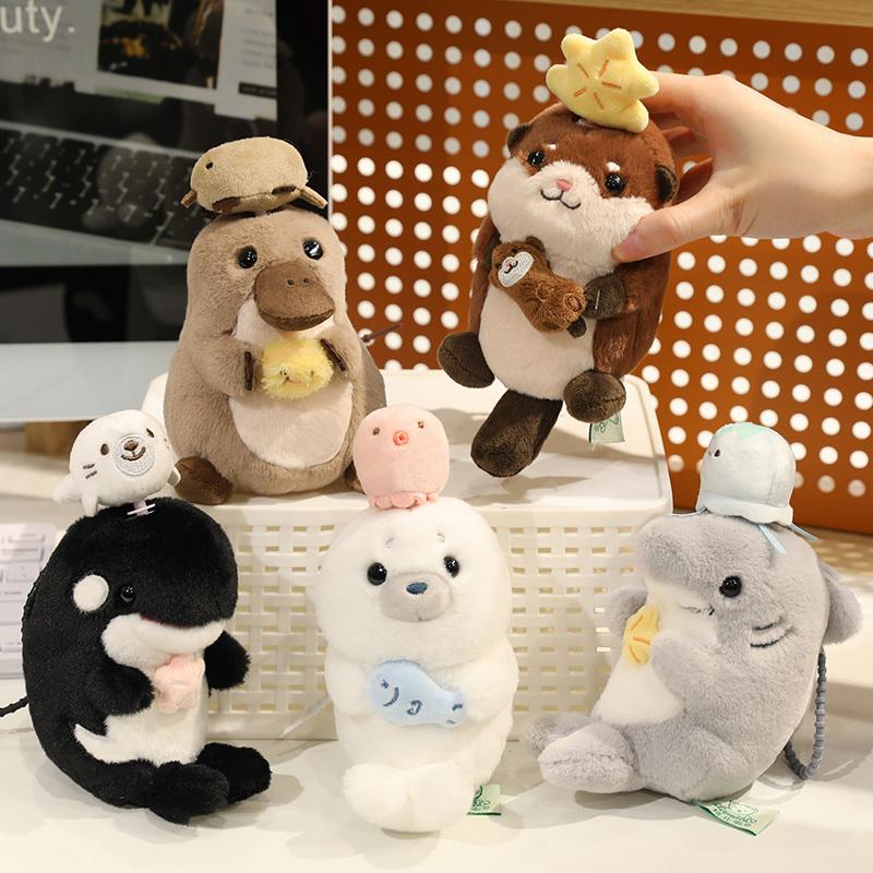 15cm Mořský organismus Vydra Tuleň Žralok Ptakopysk Hračky Kreslený Batoh Přívěsek na klíče Otáčet Originalita Panenky Kawaii Narozeninové dárky