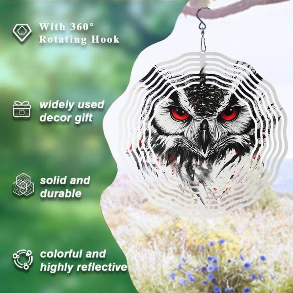 Metal Owl Wind Chime with Rotating Design for Outdoor Garden Yard Decoration Bird Repellent Hanging Spinner Art