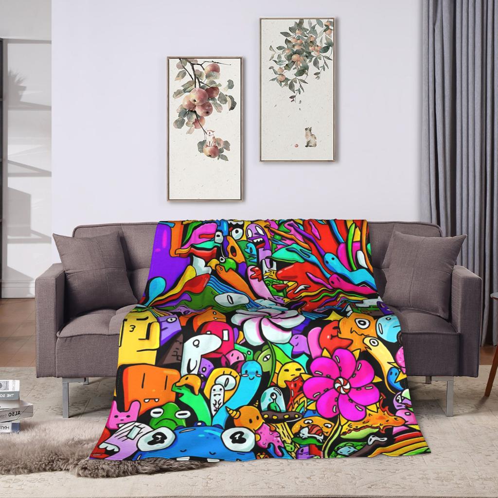 Super Warm BlanketKids Adult Camping Cartoon Cute Doodle Throw Blanket Flannel Bedspread For Outdoor Novelty Sofa Bed Cover