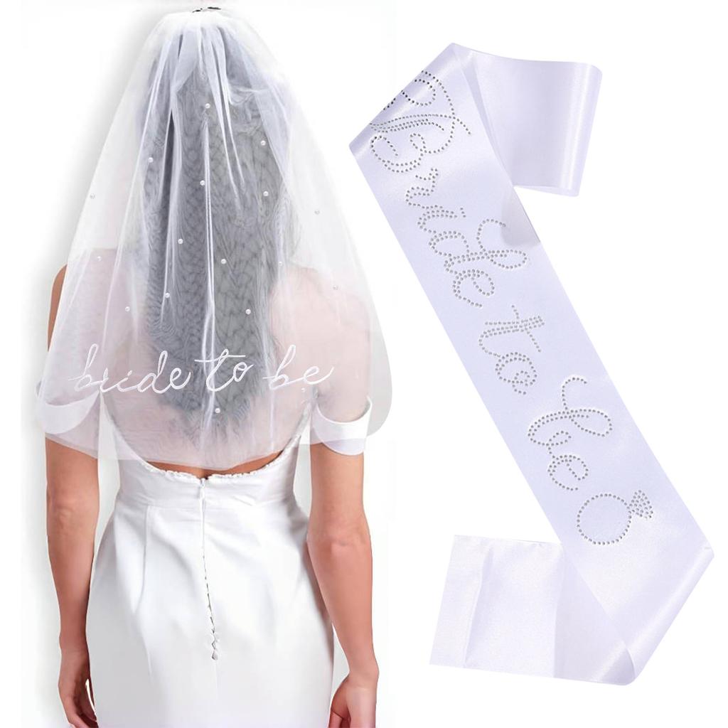 Bridal Pearl Embroidered Veil Shoulder Strap Set Bride Tobe Etiquette Strap Bachelorette Party Wedding Dress Up