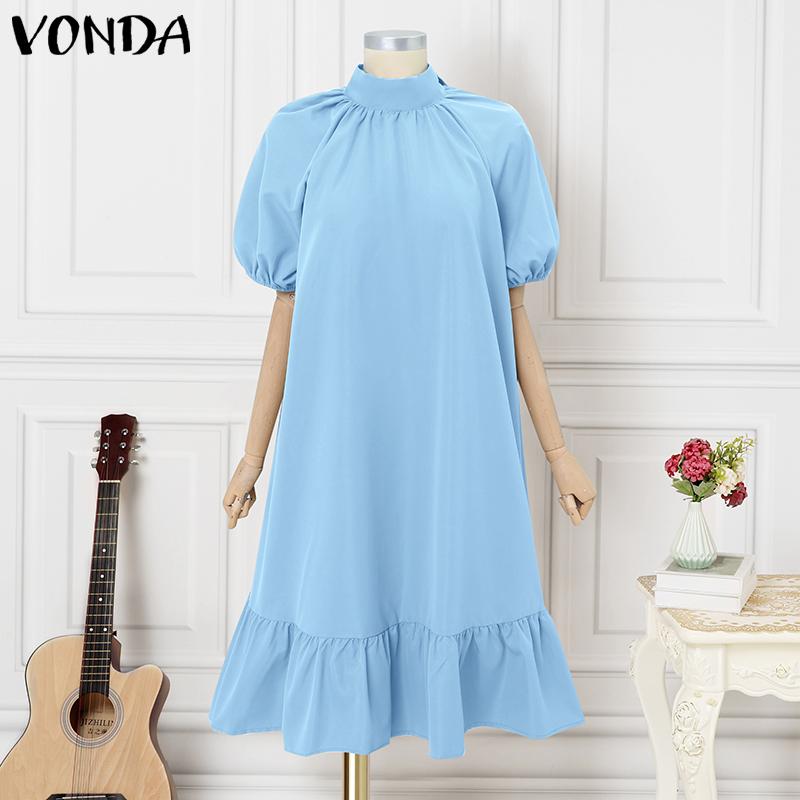 VONDA Women Stand Neck Back Bow Knot Short Sleeve Ruffled Hem Midi Dress