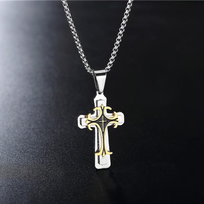 2026 Collana a Pendente Multistrato con Croce in Acciaio Inossidabile alla Moda in Stile Retro Europeo e Americano