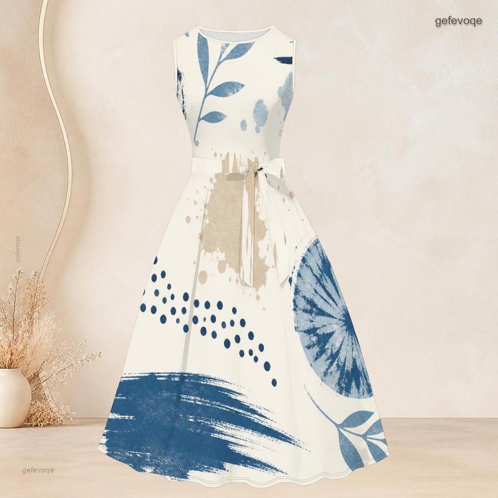 Women Plus Size Two Piece Set Round Neck Sleeveless Tie Waist Flared Dress 3 4 Sleeve Draped Cardigan Blue White Printed
