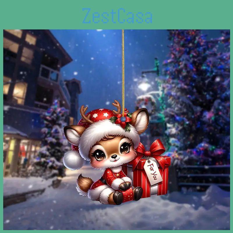 Cute Cartoon Acrylic Christmas Reindeer Hanging Ornament For Vehicle Mirror Decor