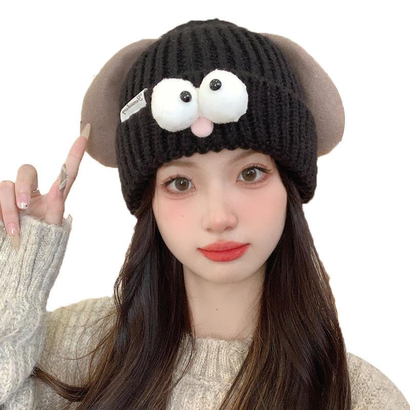 Autumn and Winter New Cute Puppy Wool Hat Women's Decoration Big Eyes Ear Protection Knitted Hat Warm Cold Hat