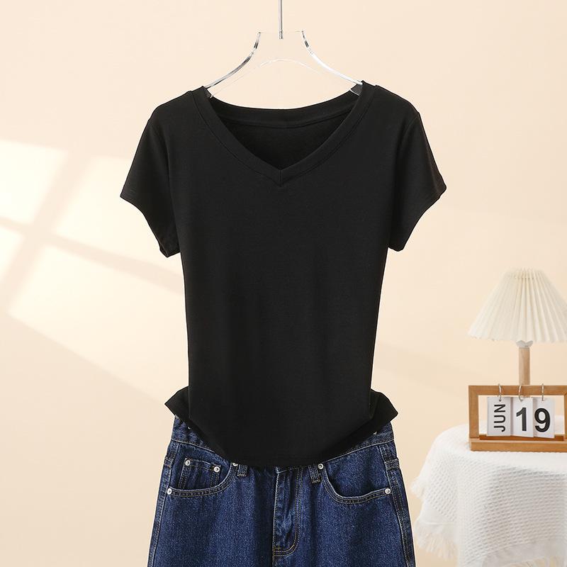 Dames 2025 Zomer Katoen V-Hals Korte Mouw Slankmakend Basic T-Shirt
