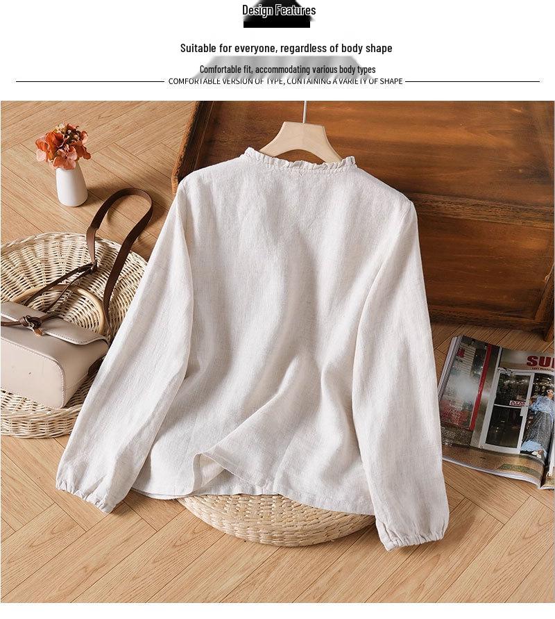 Dámská zeštíhlující halenka s dlouhým rukávem z čistého lnu s ochranou proti slunci - Všestranná ležérní košile na jaro/léto