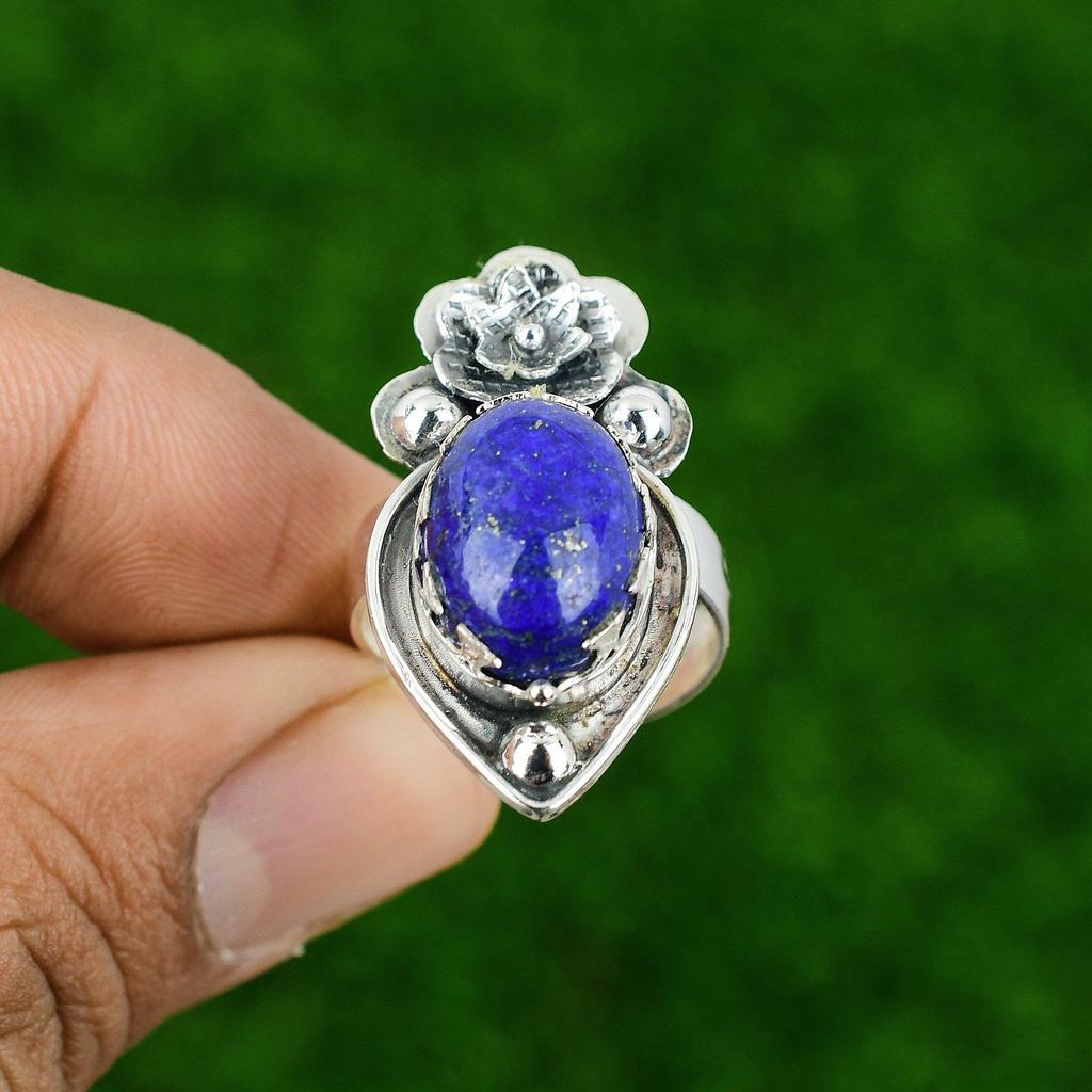 Gift For Women Promise Flower Adjustable Ring 925 Silver Natural Lapis Lazuli