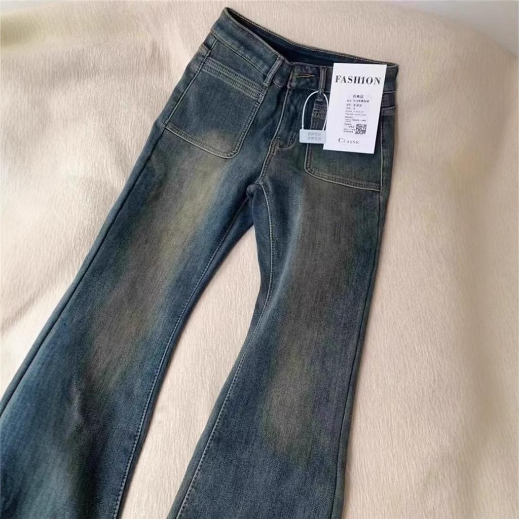 Damen Zementgraue Retro Micro-Flared Fleecegefütterte High-Waist Jeans - Übergröße, Bodenlang, Schlankmachend, Herbst/Winter-Bekleidung.