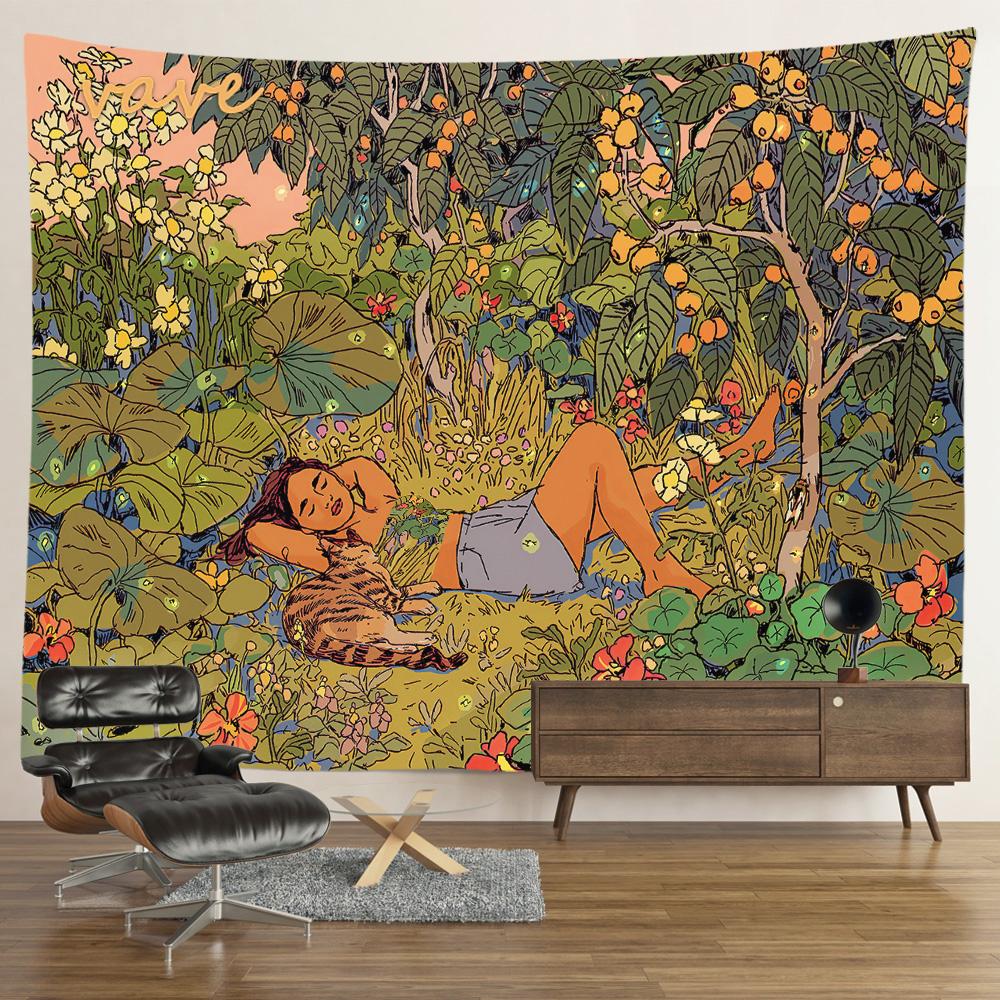 Hippie Psychedelischer Tiger Wandteppich, Wandbehang, Boho Zimmerdeko, Ästhetisch, Mysteriöse Blume, Dschungel Mondlandschaft, Wald