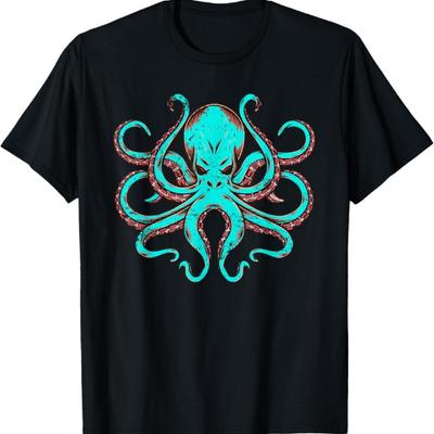 Tricou Caracatiță Kraken - Unisex-Adulți, Negru, Mic, Mânecă Scurtă, Modern, Grafic, Casual, Toate Sezoanele, Tematică Oceanică