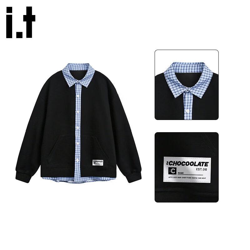 CHOCOOLATE Men s Plaid Splicing Fake Two-Piece Sweatshirt 2XL