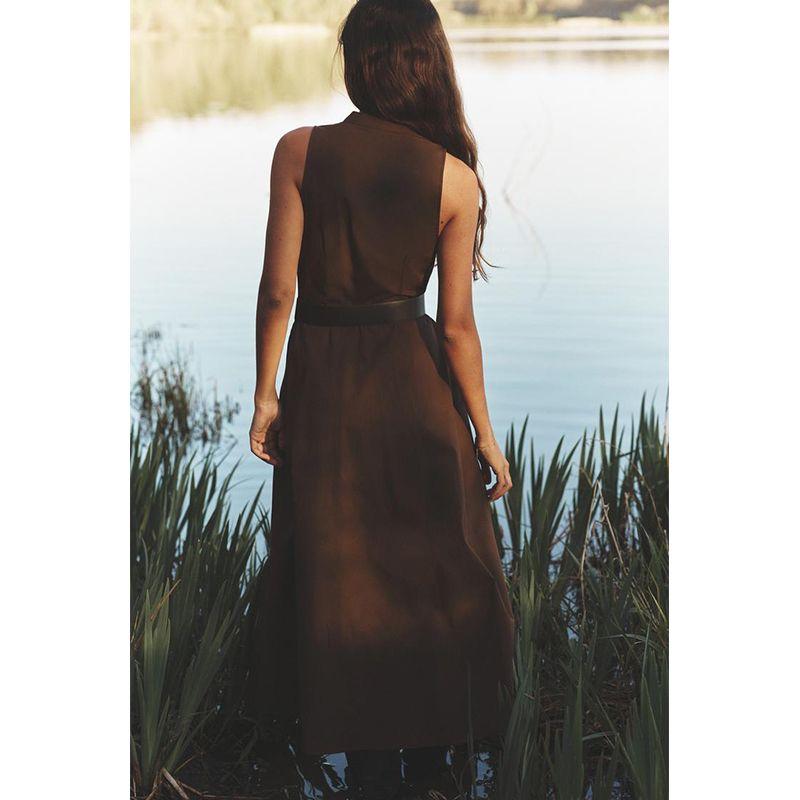 Spring and Summer New Women's Clothing Single-Breasted Pleated Decoration with Belt V Neck Sleeveless Midi Skirt Dress 5029101