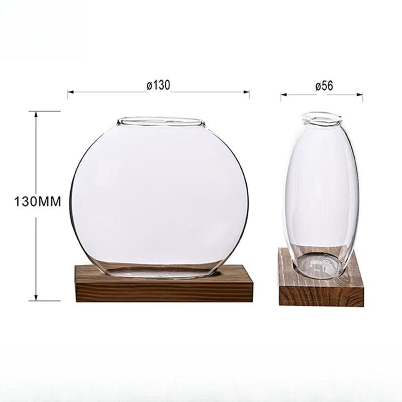 Creative Wooden Base Glass Vase, Green Ivy Plant Transparent Flowerpot, Home Decoration, Office Desktop Display Item