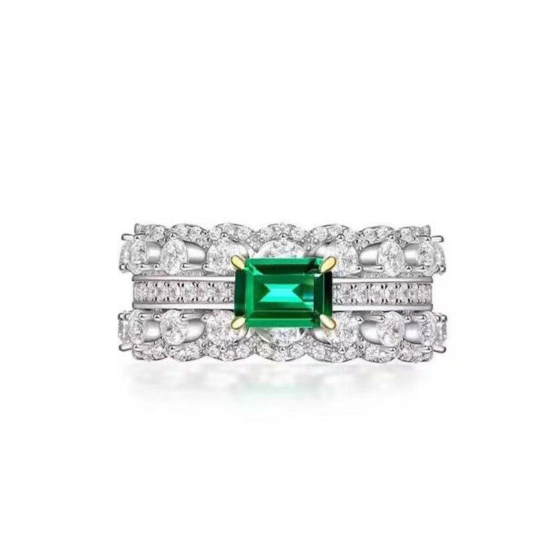 S925 Silver Ring Emerald S925 Sterling Silver Women's Ring High-end Grand Full Diamond Inlaid Classic Elegant Fashion Versatile Ring