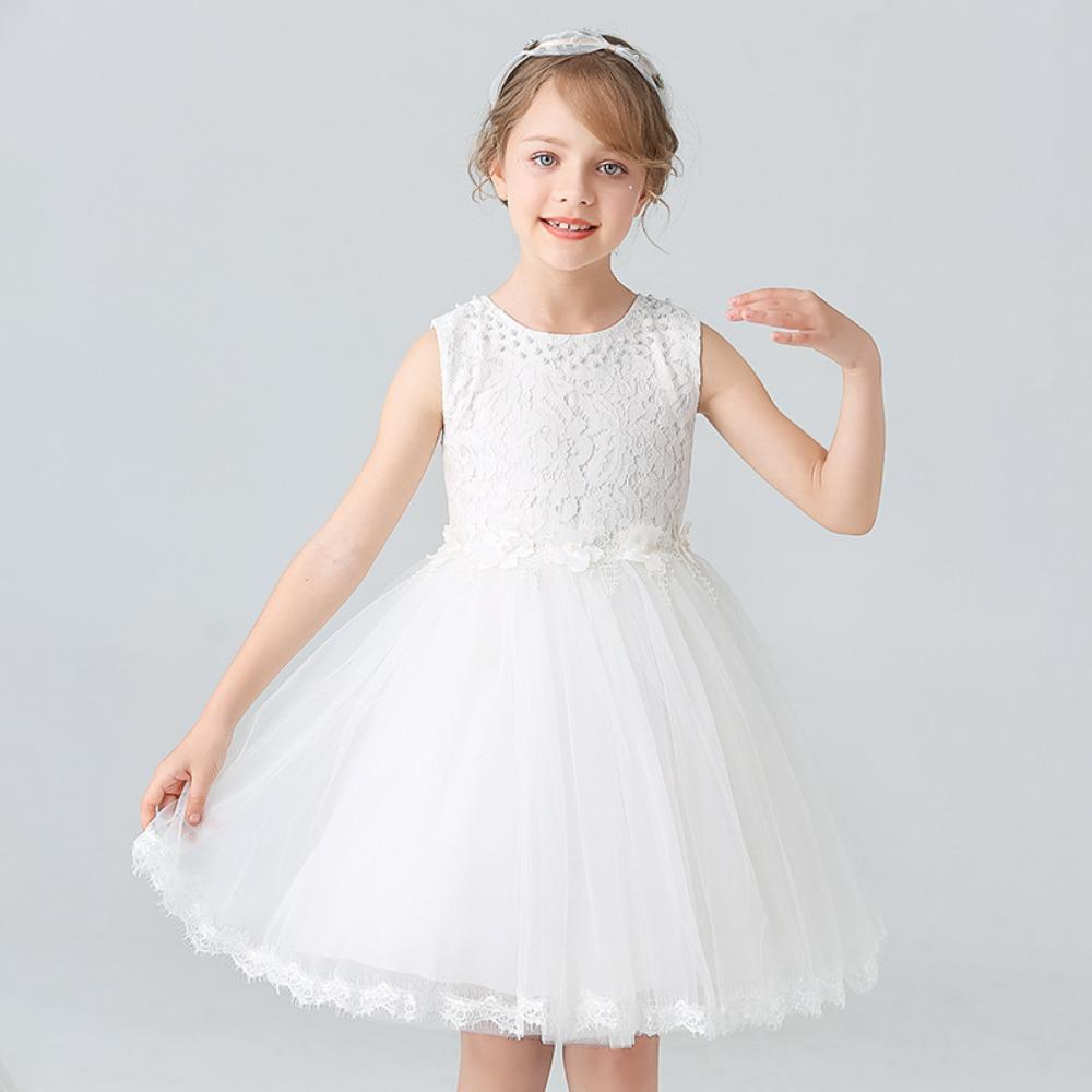 Girls' White Lace Mesh Princess Dress Sleeveless Round Neck Beaded Flower Girl Skirt Children's Wedding Bridesmaid Birthday Party Performance Dress