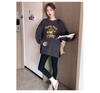 Trendy Dark Gray Bear Sweatshirt & Loose Plus Size Two-Piece Set for Pregnant Women - Fashionable Spring/Autumn Outfit