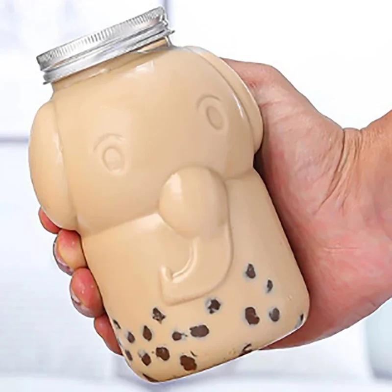 1Pc 350/500ML Cute Elephant Plastic Bottle Clear Milk Tea Bottle Water Bottle Portable Coffee Drinking Cup Drink Bottle