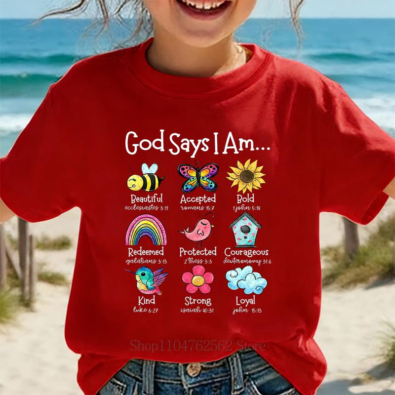 

Teenager God Says I Am Print Kids Tshirts Summer Cute for Girls Tshirts Colorful Comfortable Short Sleeve Tops Children Tees S
