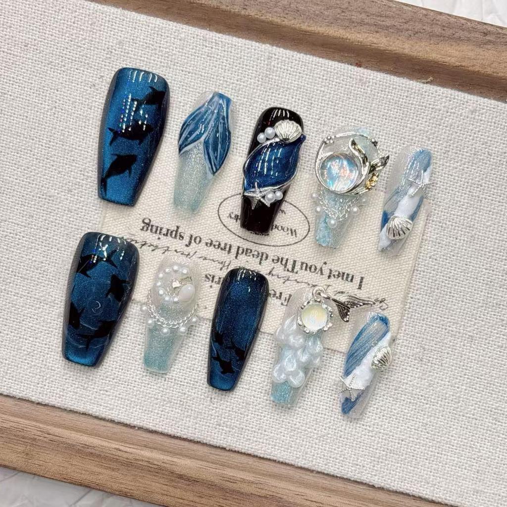 Mermaid Cat Eye Blue Medium Pointed Handmade False Nails