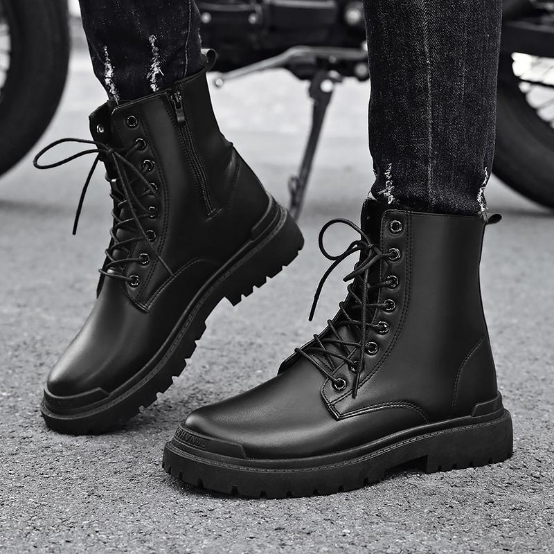 Black Men's Casual Leather Boots Fashion Winter Men Work Boot Mens Shoes Non-slip Designer High Top Ankle Boots Motorcycle Shoes