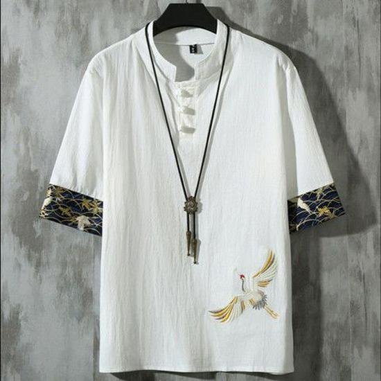 

Мужская летняя вышитая футболка в стиле Тан — короткий рукав, свободный крой, смесь хлопка и льна M