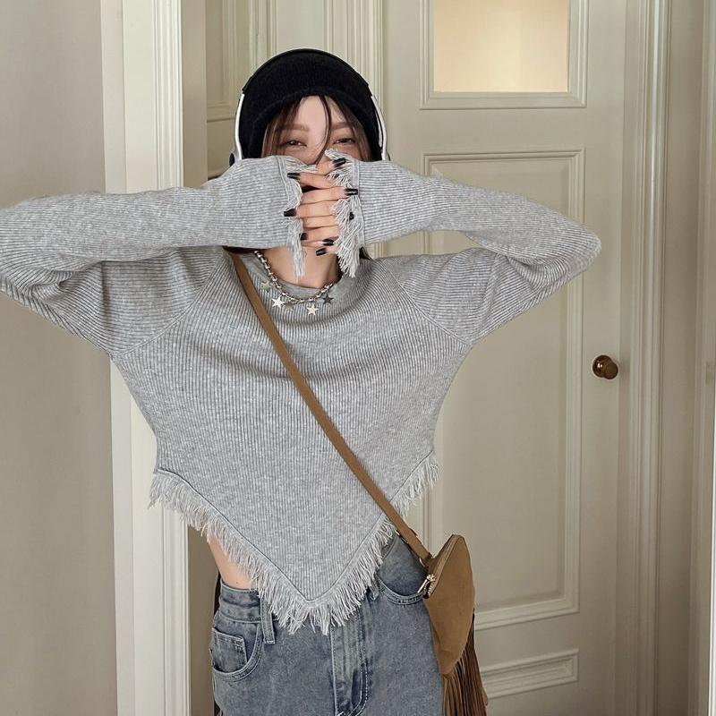 Tassel T Shirt Korean Style Solid Color Crop Top Autumn Long Sleeve Tees Slim Fashion Tshirts Femme O-neck Clothes Japanese