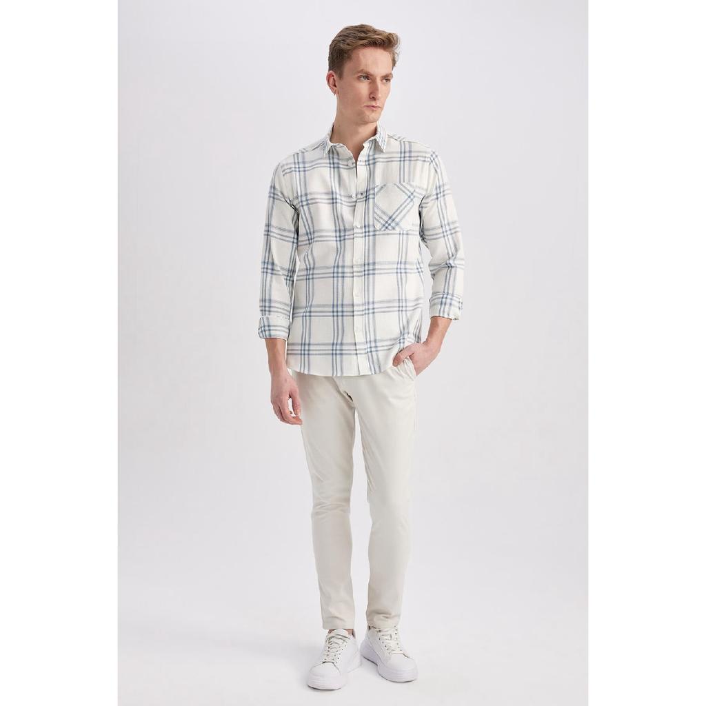 Modern Fit Polo Neck Long Sleeve Checked 100% Cotton Shirt