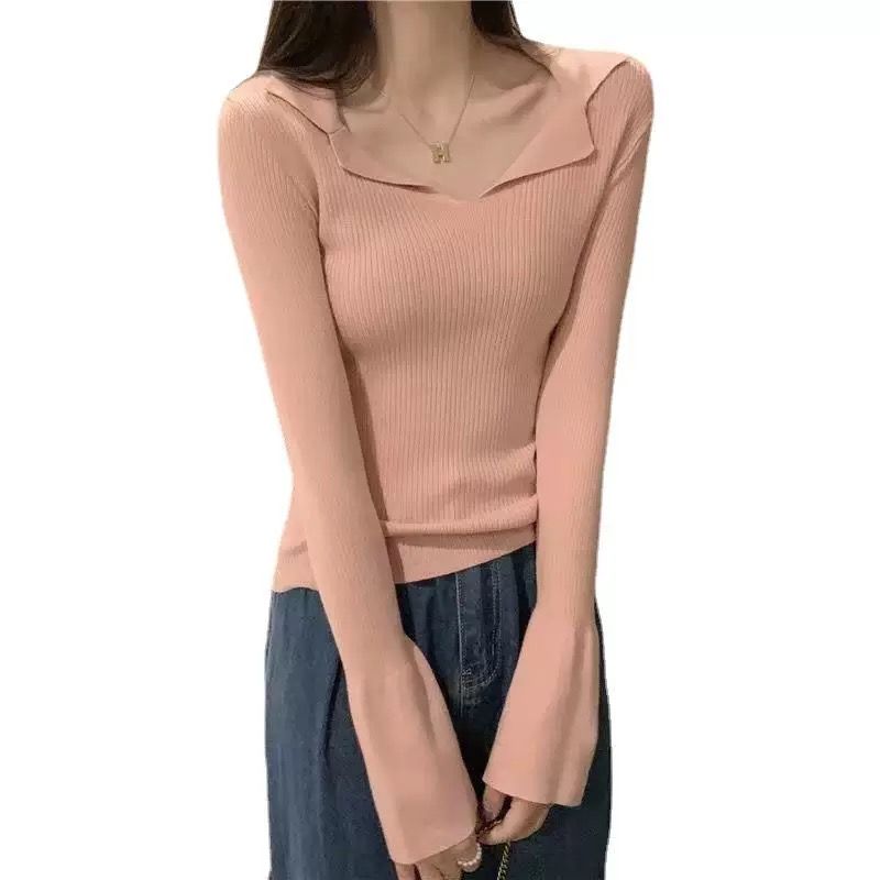 Pure Desire Style Semi-open-neck Knitted Sweater for Women's Autumn Slimming Design, A Niche Base Layer Top