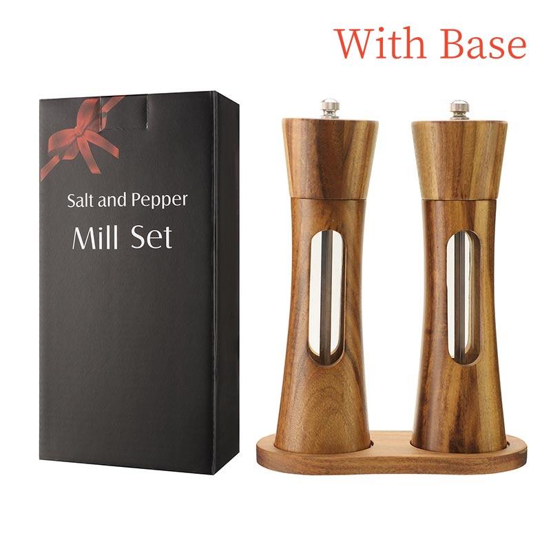 8inch Sets Wooden Salt and Pepper Grinder With Base,Ceramic Core Transparent Window Manual Pepper Mills Kitchen Spice Shaker Set