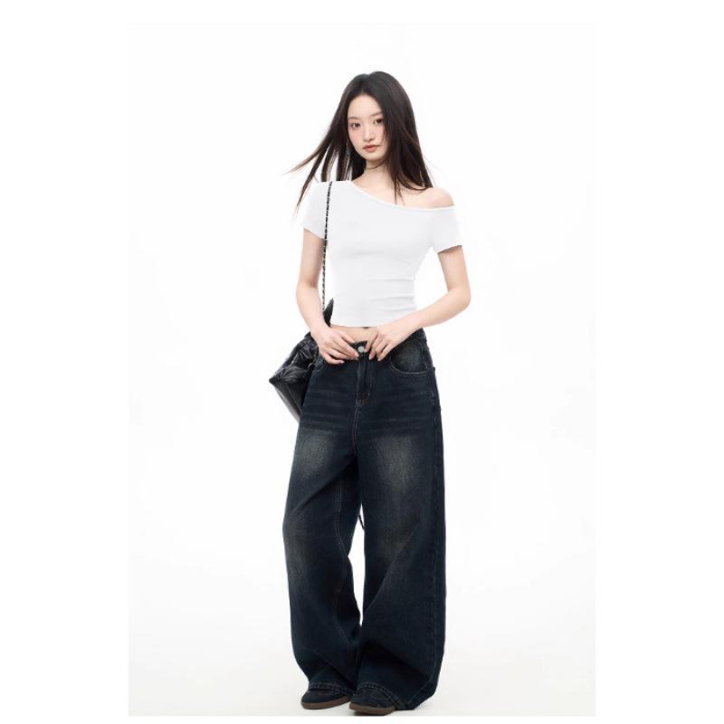 New slanted shoulder off-shoulder Spice Girl slim-fitting sexy short top