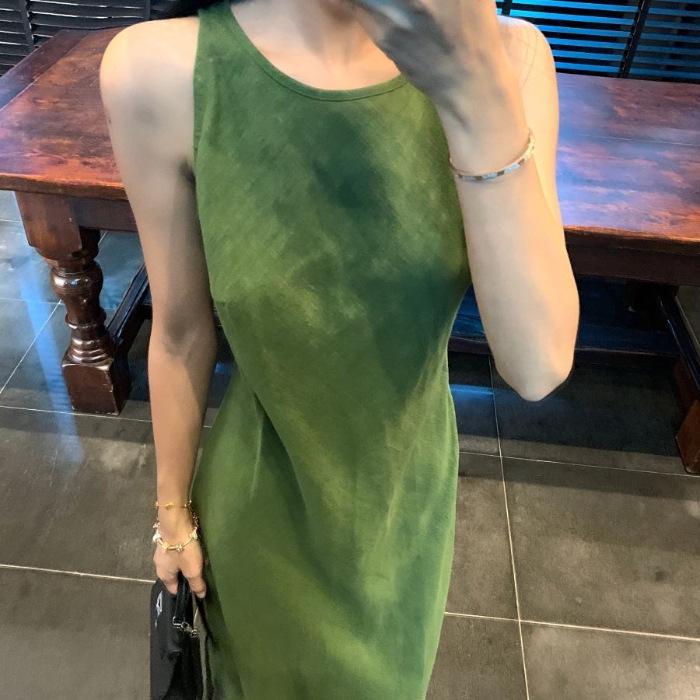 Retro Green Sleeveless Slimming Summer Dress - Women s Chic Waist-Cinching Long Style Large зелёный
