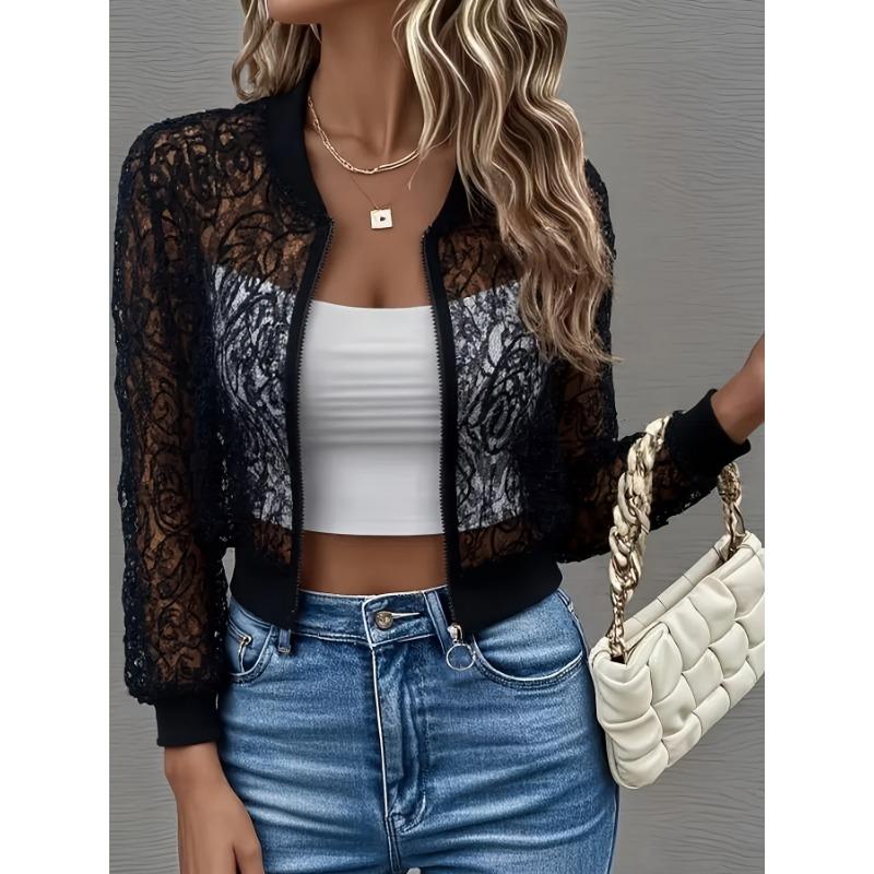 New Spring and Summer Lace Short Jacket Women's Spring and Autumn Thin Zipper Cardigan Long Sleeve Slim Fashion Versatile Top