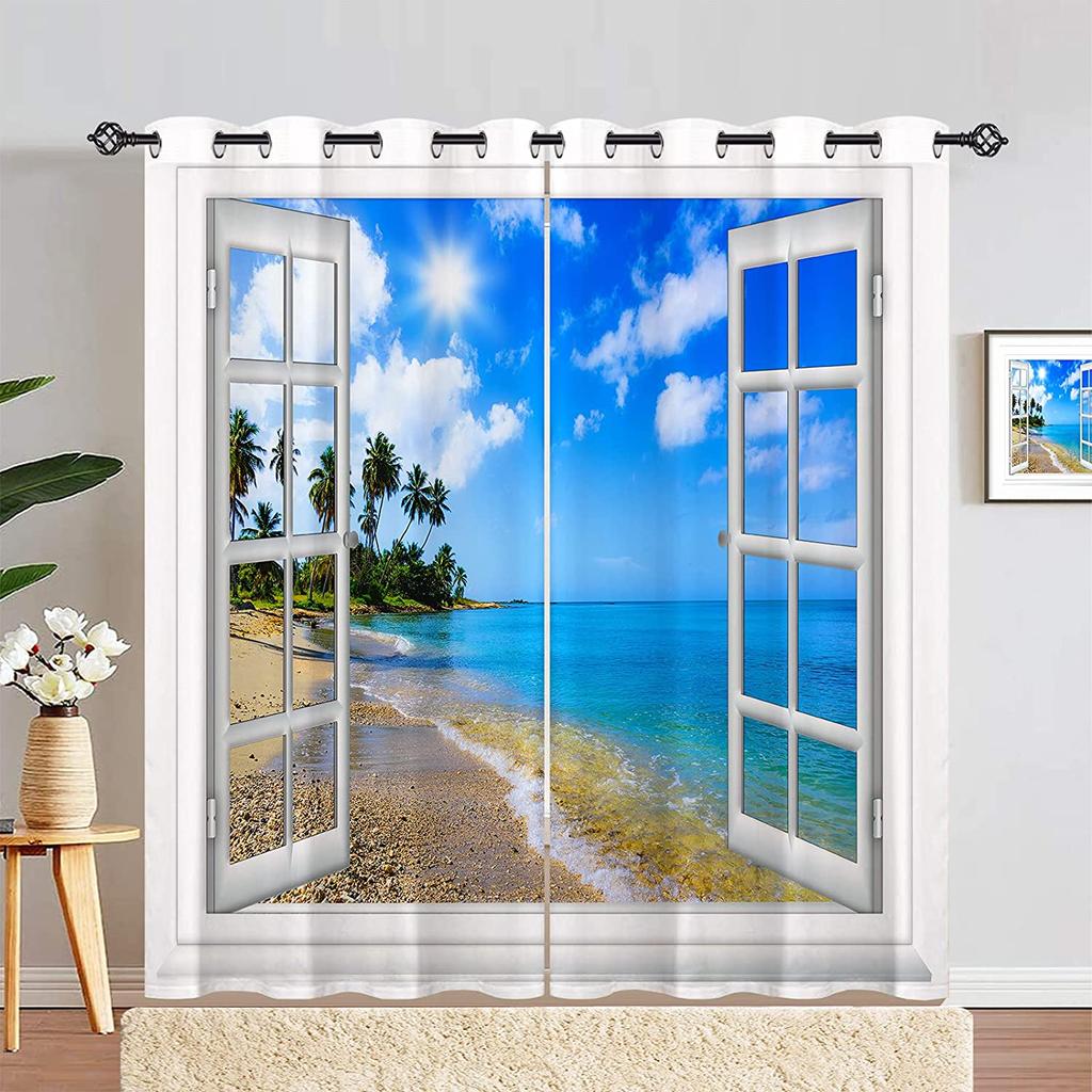 2 Stück Meer Balkon Architektonische Landschaft Halbverdunkelnd Druck Vorhang Für Wohnzimmer Schlafzimmer Badezimmer Heimdekoration Ösenaufhängung