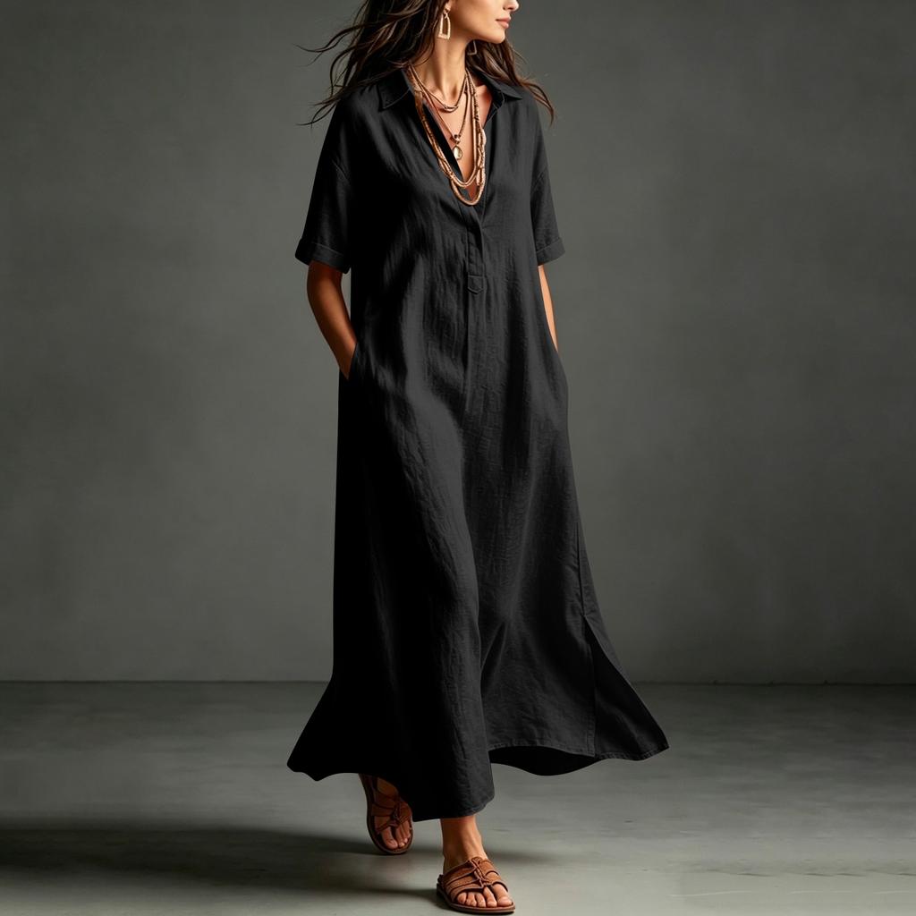 Womens Cotton Maxi Dress Short Sleeve Loose Fit Casual Shirt V Neck Button Long Kaftan Summer Beach Dress with Pockets