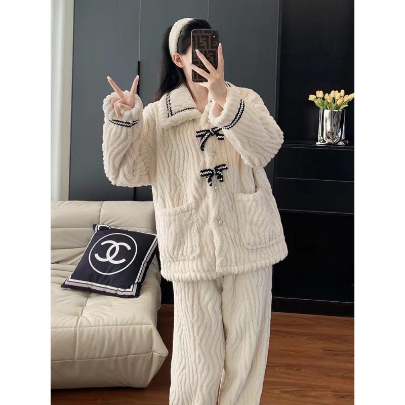 

Женский теплый флисовый хлопковый велюровый пижамный комплект 2024 - Весенне-зимний стиль XL 120-140 lbs