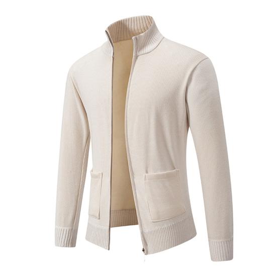 Men Knitted Jacket Stand Collar Long Sleeve Zipper Closure Sweater Coat with Pockets Thickened Plush Lining Knitwear