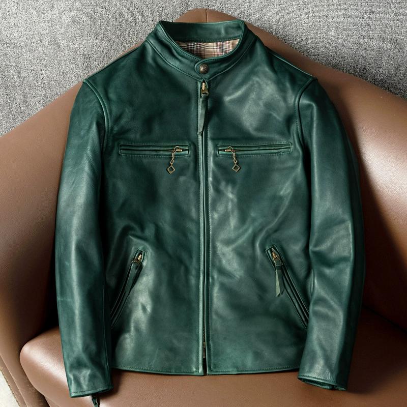 

Vintage Tea Core Horsehide Leather Jacket for Men Uncoated Waxed Stand Collar Short Coat S