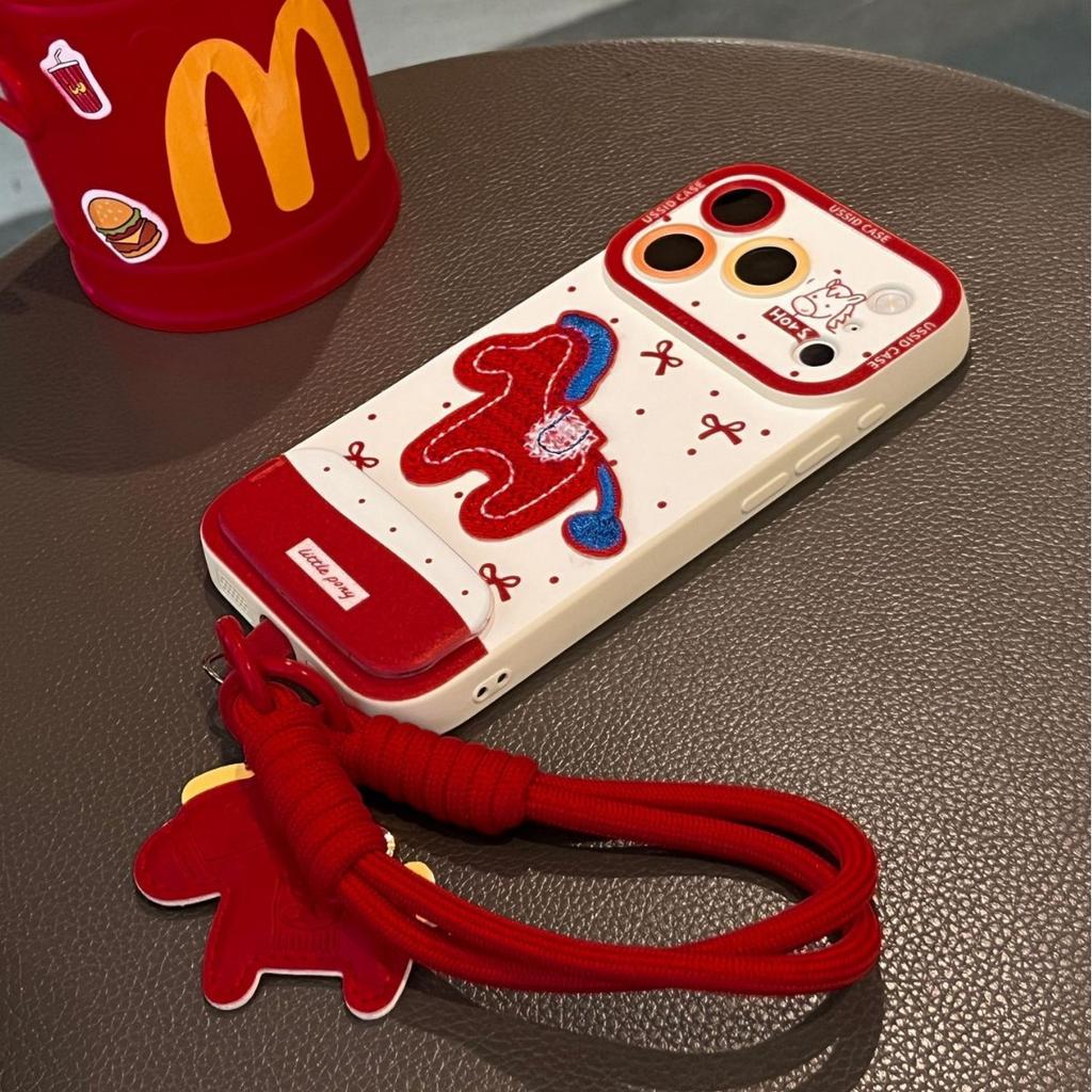 Embroidered Three-dimensional Pony Is Suitable for Apple 17pm Red High-value Soft Phone Case.