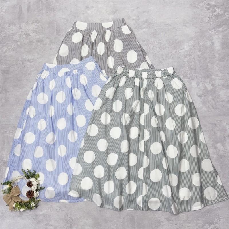 Johnature Japanese Polka Dot Stripe Skirts Women Summer Casual All Match Elastic Waist Women Skirts