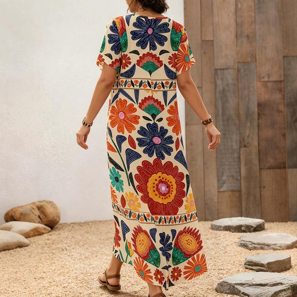 Large size women's vacation dress new full body plant flower print retro