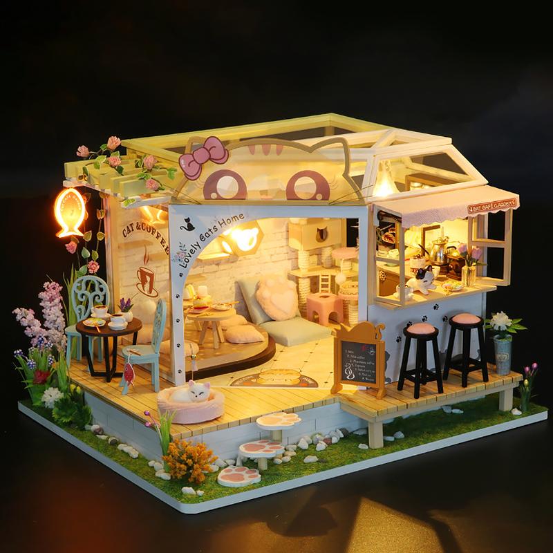 Wooden Doll House Cat Cafe Mini DIY Small House Kit Making Room Toys Home Bedroom Decoration with Furniture For Gifts Dollhouse