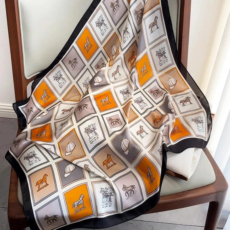 Luxury Horse Print Silk Square Scarf Women Soft Satin Hairband Neckerchief Office Hijab Headband Foulard Bag Ribbons Gift
