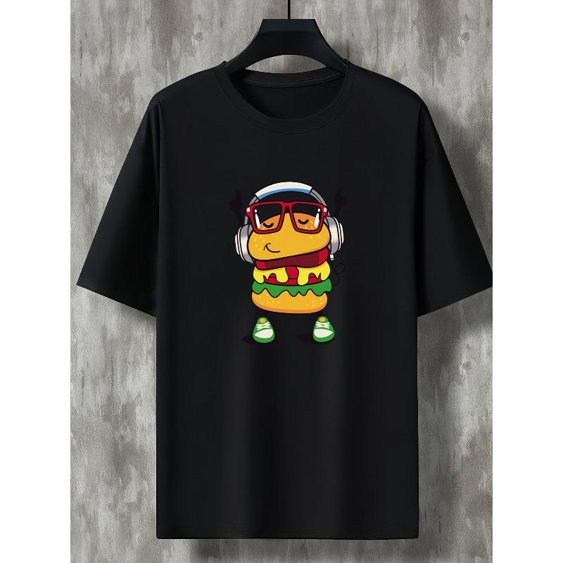 European Size Men's Casual Trendy Hamburger Graphic Print Comfortable Crew Neck Short Sleeve T-shirt, Oversized Loose Clothing Plus Size