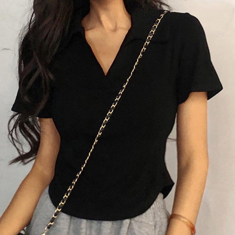 Women's Summer Korean Style Slim Lapel Tee - Solid Color, Short Sleeve, Casual Trend