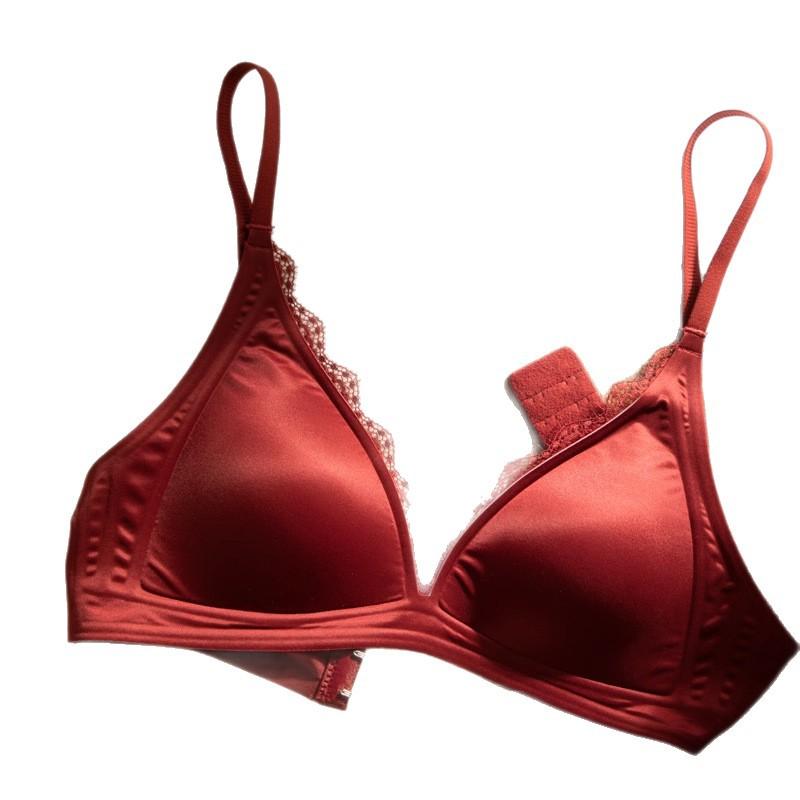 Red Wireless Lace Trim Bra with Satin Finish and Adjustable Straps S красный