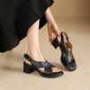 Fashion NEW Summer Women Sandals Genuine Leather Shoes for Women Open Toe Ankle Strap Shoes Round Toe Chunky Heel Shoes Concise Sandals