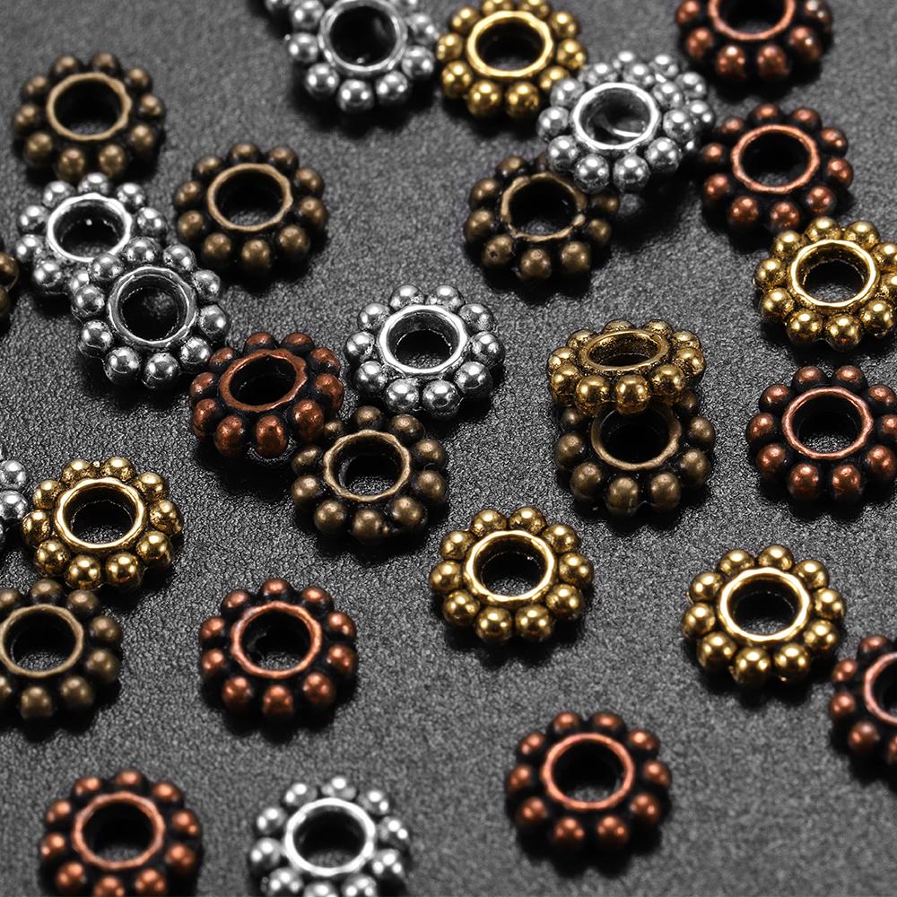 100Pcs/Lot Antique Gold Color Bronze Tone Daisy Flower Metal Spacer Beads Wheel  for Jewelry Making Needlework Accessories