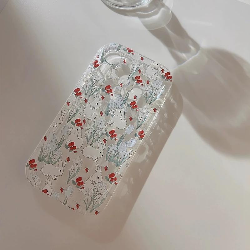 Cute Rabbit Grip Holder Phone Case For iPhone 16 15 14 13 12 11 Pro Max XR X XS 7 8 Plus Stand Floral Clear Soft Silicone Cover